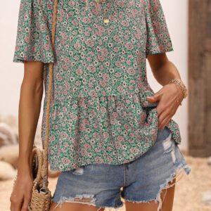 Breezaya Blouse péplum style plage avec impression florale tout-aller et manches papillon