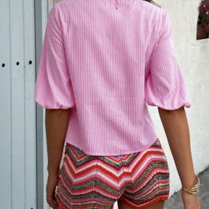 Breezaya Chemise tressée à encolure en V rayée rouge et blanche pour femmes