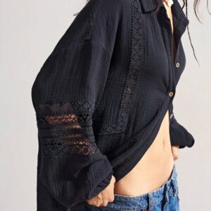 Bohemela Chemisier ample à boutons avec dentelle et couleur unie simple pour femme