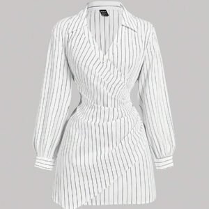 SHEIN MOD Robe femme à manches longues avec volants, imprimé rayures bleues et blanches, croisée devant. Robe de Noël, chemise de Thanksgiving, vêtements d'affaires pour femmes, tenues de plage pour femmes