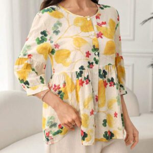 Lacomfia Chemise en coton à imprimé floral et botanique avec boutons