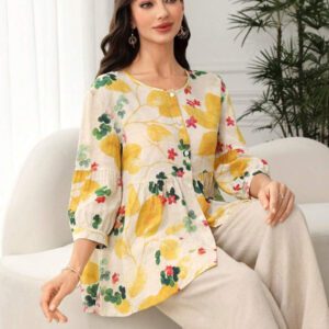 Lacomfia Chemise en coton à imprimé floral et botanique avec boutons