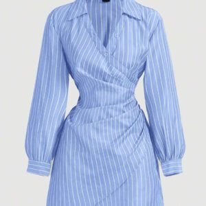 SHEIN MOD Robe femme à manches longues avec volants, imprimé rayures bleues et blanches, croisée devant. Robe de Noël, chemise de Thanksgiving, vêtements d'affaires pour femmes, tenues de plage pour femmes