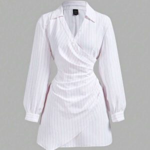 SHEIN MOD Robe femme à manches longues avec volants, imprimé rayures bleues et blanches, croisée devant. Robe de Noël, chemise de Thanksgiving, vêtements d'affaires pour femmes, tenues de plage pour femmes