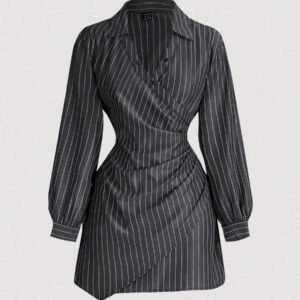 SHEIN MOD Robe femme à manches longues avec volants, imprimé rayures bleues et blanches, croisée devant. Robe de Noël, chemise de Thanksgiving, vêtements d'affaires pour femmes, tenues de plage pour femmes