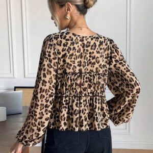 Serisse Chemise femme casual à manches lanternes et imprimé léopard