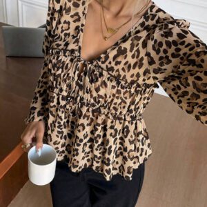 Serisse Chemise femme casual à manches lanternes et imprimé léopard