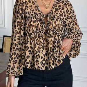 Serisse Chemise femme casual à manches lanternes et imprimé léopard