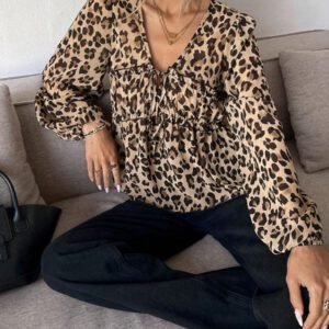 Serisse Chemise femme casual à manches lanternes et imprimé léopard