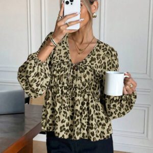 Serisse Chemise femme casual à manches lanternes et imprimé léopard