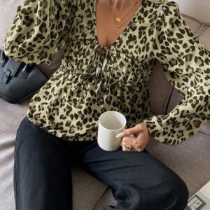Serisse Chemise femme casual à manches lanternes et imprimé léopard