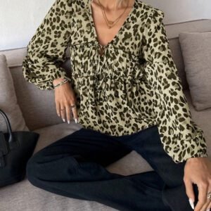Serisse Chemise femme casual à manches lanternes et imprimé léopard