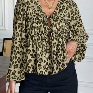 Serisse Chemise femme casual à manches lanternes et imprimé léopard