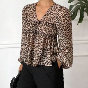 Serisse Chemise femme casual à manches lanternes et imprimé léopard