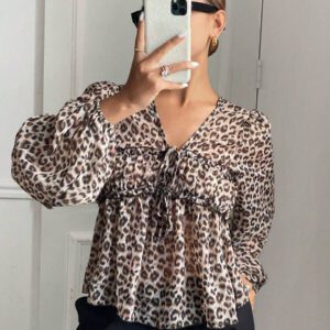 Serisse Chemise femme casual à manches lanternes et imprimé léopard