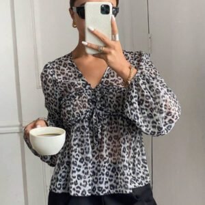 Serisse Chemise femme casual à manches lanternes et imprimé léopard