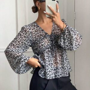 Serisse Chemise femme casual à manches lanternes et imprimé léopard