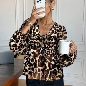 Serisse Chemise femme casual à manches lanternes et imprimé léopard