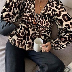 Serisse Chemise femme casual à manches lanternes et imprimé léopard