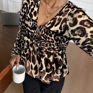 Serisse Chemise femme casual à manches lanternes et imprimé léopard