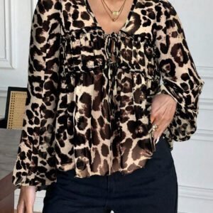 Serisse Chemise femme casual à manches lanternes et imprimé léopard