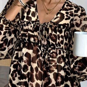Serisse Chemise femme casual à manches lanternes et imprimé léopard
