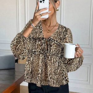 Serisse Chemise femme casual à manches lanternes et imprimé léopard