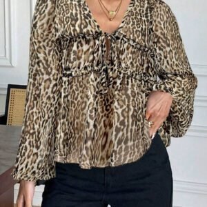 Serisse Chemise femme casual à manches lanternes et imprimé léopard