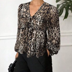 Serisse Chemise femme casual à manches lanternes et imprimé léopard
