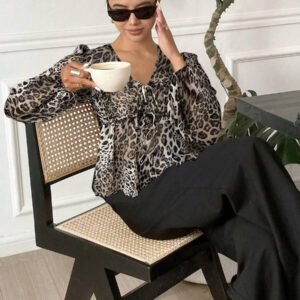 Serisse Chemise femme casual à manches lanternes et imprimé léopard