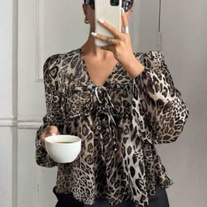 Serisse Chemise femme casual à manches lanternes et imprimé léopard