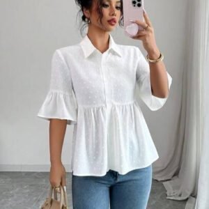 Elenzga Blouse décontractée pour femmes, couleur unie, manches évasées avec volant à l'ourlet