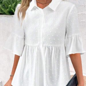 Elenzga Blouse décontractée pour femmes, couleur unie, manches évasées avec volant à l'ourlet