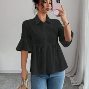 Elenzga Blouse décontractée pour femmes, couleur unie, manches évasées avec volant à l'ourlet