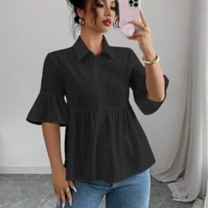 Elenzga Blouse décontractée pour femmes, couleur unie, manches évasées avec volant à l'ourlet