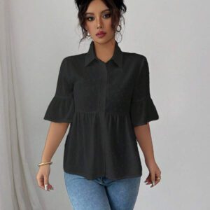 Elenzga Blouse décontractée pour femmes, couleur unie, manches évasées avec volant à l'ourlet