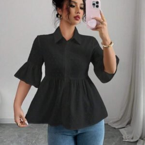 Elenzga Blouse décontractée pour femmes, couleur unie, manches évasées avec volant à l'ourlet