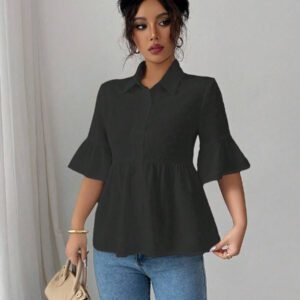 Elenzga Blouse décontractée pour femmes, couleur unie, manches évasées avec volant à l'ourlet