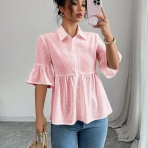 Elenzga Blouse décontractée pour femmes, couleur unie, manches évasées avec volant à l'ourlet