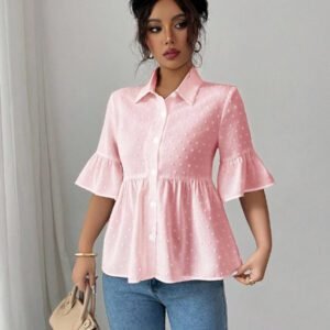 Elenzga Blouse décontractée pour femmes, couleur unie, manches évasées avec volant à l'ourlet