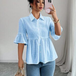 Elenzga Blouse décontractée pour femmes, couleur unie, manches évasées avec volant à l'ourlet