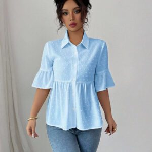 Elenzga Blouse décontractée pour femmes, couleur unie, manches évasées avec volant à l'ourlet