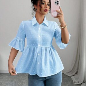 Elenzga Blouse décontractée pour femmes, couleur unie, manches évasées avec volant à l'ourlet