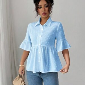 Elenzga Blouse décontractée pour femmes, couleur unie, manches évasées avec volant à l'ourlet
