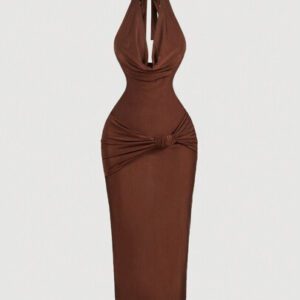 SHEIN MOD Robe mi-longue près du corps avec encolure drapée marron pour femmes, robe élégante, robe de soirée, robe de Nouvel An, robe de vacances du Nouvel An, robe de fête du Nouvel An pour femmes, robe de bal masqué