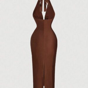 SHEIN MOD Robe mi-longue près du corps avec encolure drapée marron pour femmes, robe élégante, robe de soirée, robe de Nouvel An, robe de vacances du Nouvel An, robe de fête du Nouvel An pour femmes, robe de bal masqué