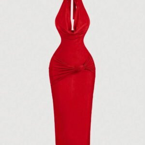 SHEIN MOD Robe mi-longue près du corps avec encolure drapée marron pour femmes, robe élégante, robe de soirée, robe de Nouvel An, robe de vacances du Nouvel An, robe de fête du Nouvel An pour femmes, robe de bal masqué