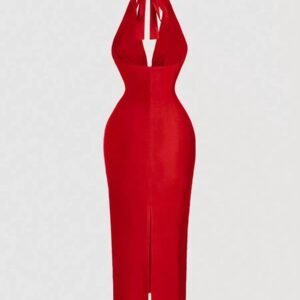 SHEIN MOD Robe mi-longue près du corps avec encolure drapée marron pour femmes, robe élégante, robe de soirée, robe de Nouvel An, robe de vacances du Nouvel An, robe de fête du Nouvel An pour femmes, robe de bal masqué