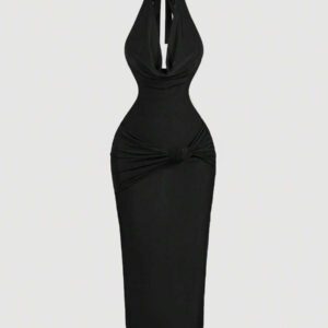 SHEIN MOD Robe mi-longue près du corps avec encolure drapée marron pour femmes, robe élégante, robe de soirée, robe de Nouvel An, robe de vacances du Nouvel An, robe de fête du Nouvel An pour femmes, robe de bal masqué