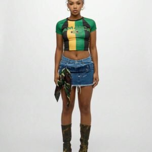 SUMWON WOMEN Top court aux couleurs du drapeau jamaïcain, fierté nationale reggae, été, manches raglan, fête des Caraïbes, célébration, supporters d'équipe